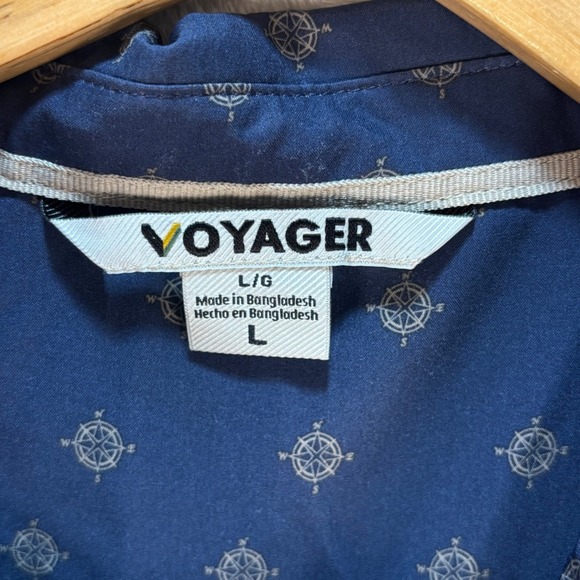 Voyager Men's Compass Print Button Shirt Navy Blue Recycled Stretch Sz L - Picture 2 of 9